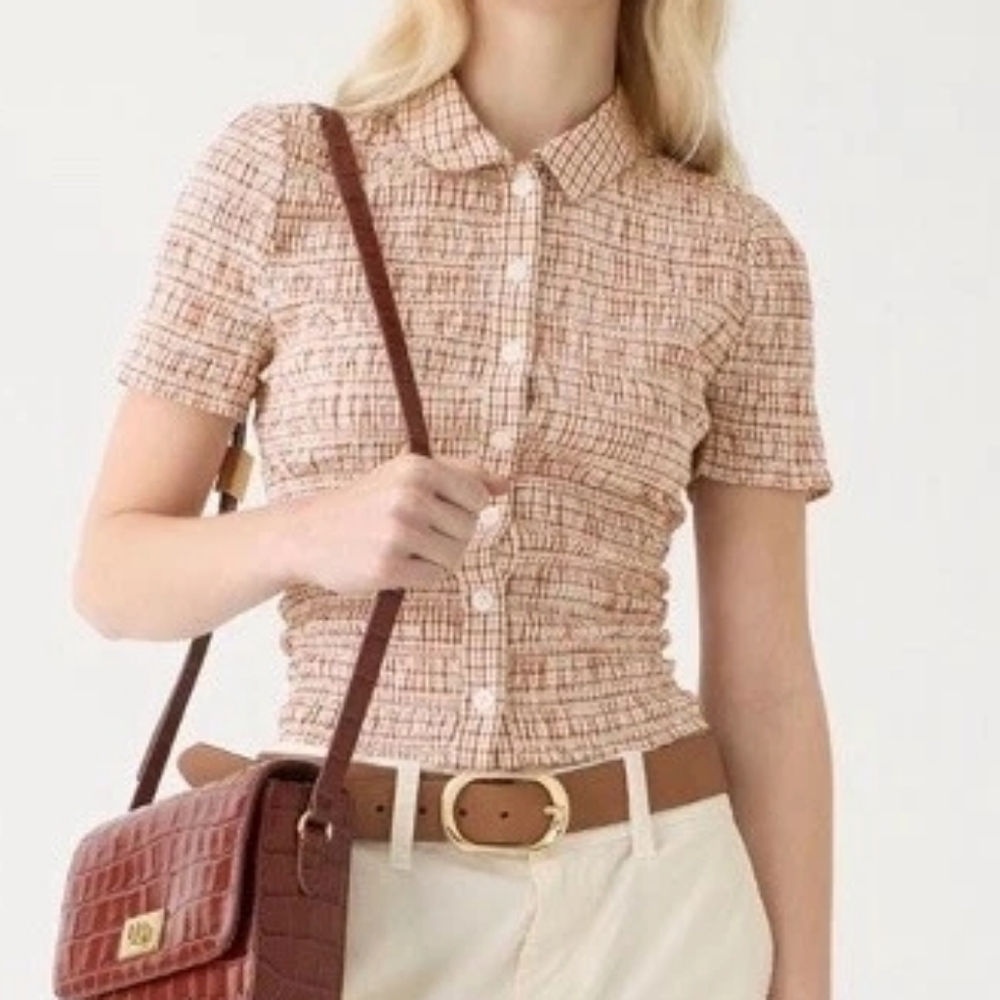 J. Crew Textured Button-Up Shirt in Cream and Brown
